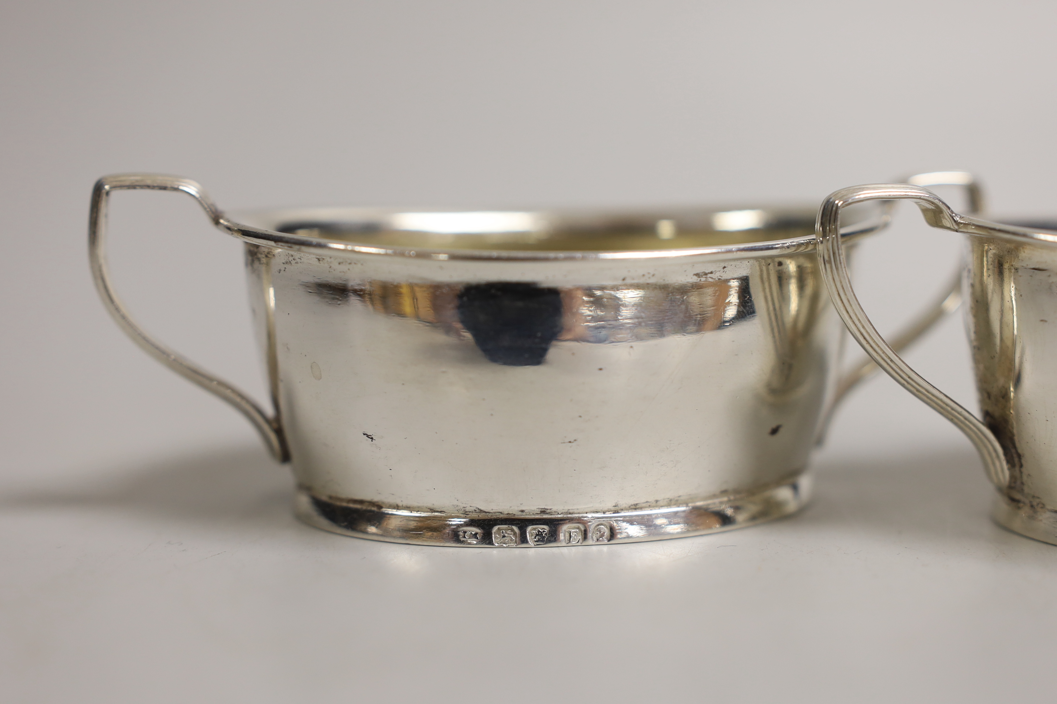 A pair of George III silver two handled oval salts, James Mince, London, 1800, 11.7cm, 5oz.